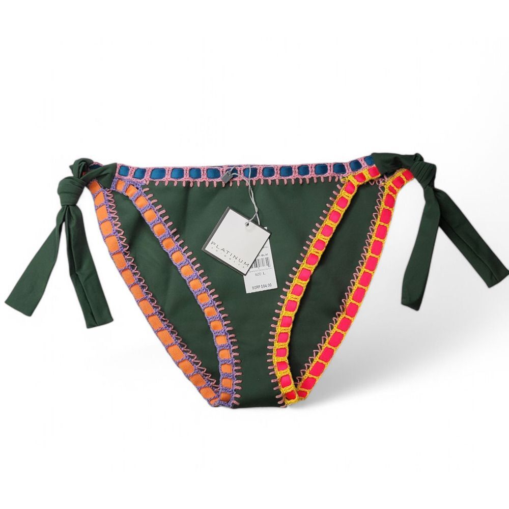 NWT PQ Platinum Solange Ferrarini Crochet Trim Bikini Bottom‎ Olive Size L